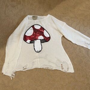 Wildfox - Cream Distressed Sweater with Distressed Mushroom 🍄